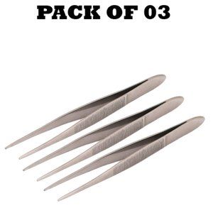 Forgica Professional Stainless Steel Needle Tip Silver Tweezers Pack of 03